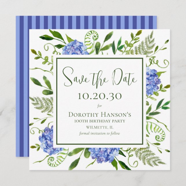 100th Birthday Blue Hydrangeas Save The Date (Front/Back)