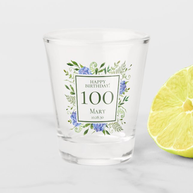 100th Birthday Blue Hydrangeas Shot Glass (Front)