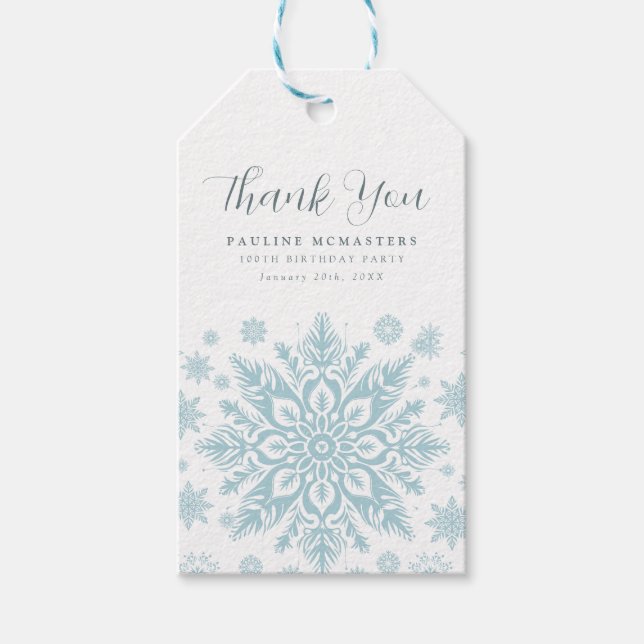 100th Birthday Blue Snowflake Thank You Favour Gift Tags (Front)