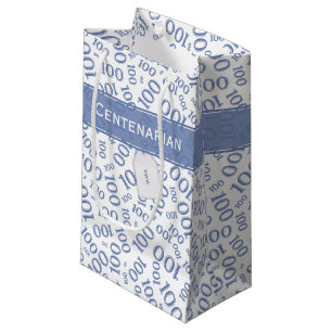 100th Birthday Blue/White Random Number Pattern Small Gift Bag