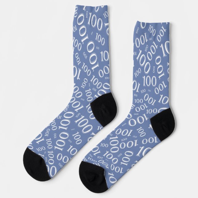 100th Birthday Blue/White Random Number Pattern Socks (Left)