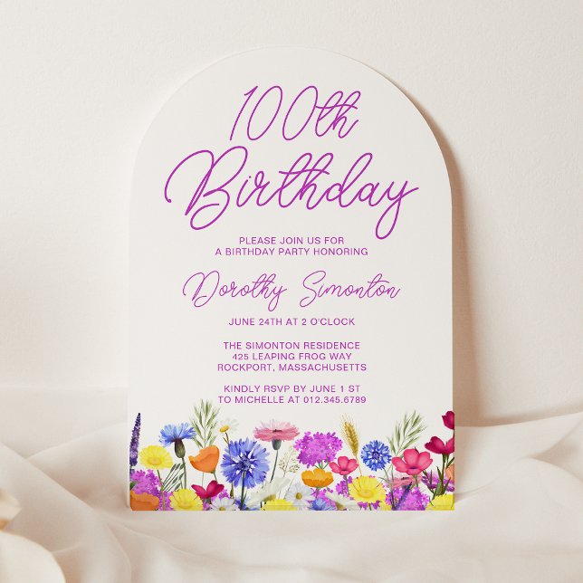 100th Birthday Boho Purple Wildflower Arch Invitation (Creator Uploaded)