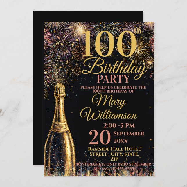 100th Birthday Bubbly Fireworks Gold Pink Invitation (Front/Back)