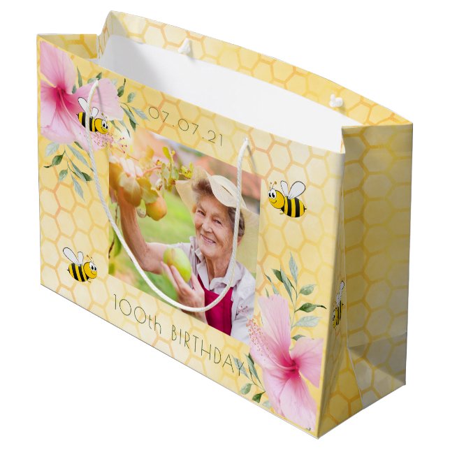 100th birthday bumble bees honeycomb photo large gift bag (Back Angled)