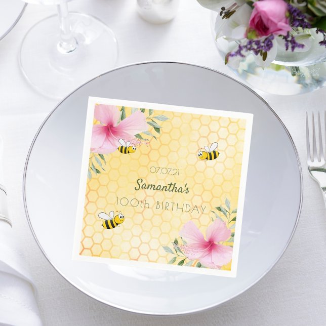 100th Birthday bumble bees honeycomb yellow floral Napkin (Creator Uploaded)