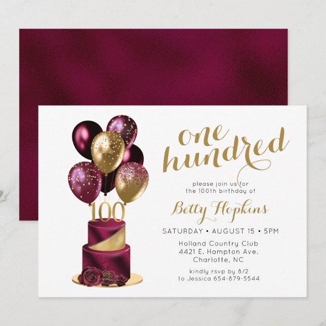 100th Birthday Burgundy Cake Invitation (Front/Back)