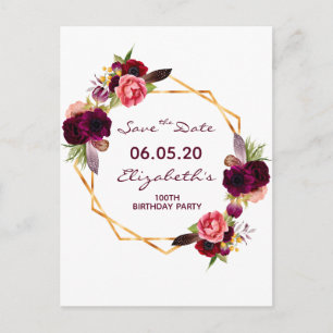 100th birthday burgundy floral white Save the Date Postcard