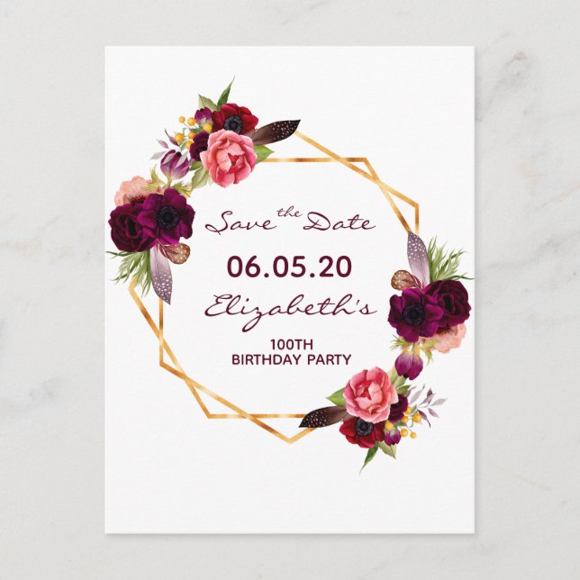 100th birthday burgundy floral white Save the Date Postcard (Front)