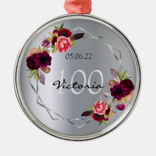 100th birthday burgundy florals geometric silver metal tree decoration