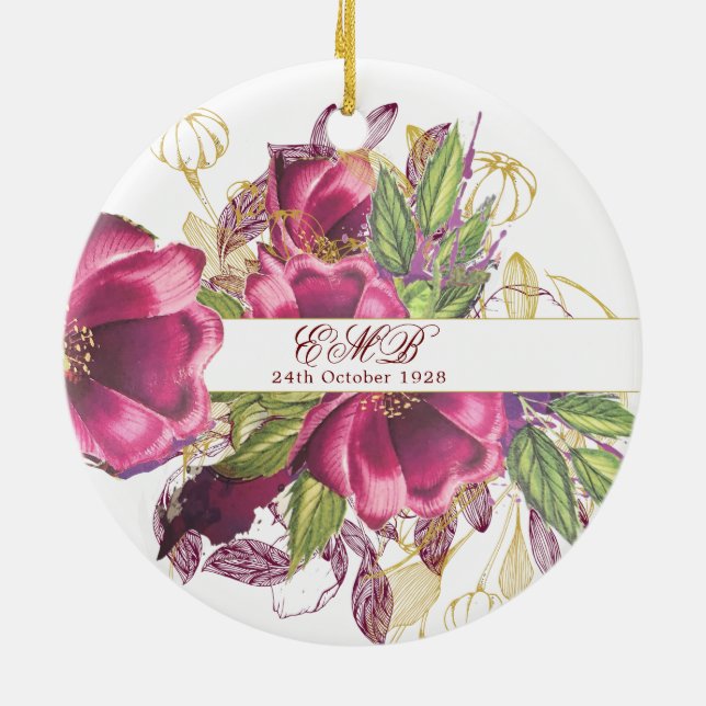 100th Birthday Burgundy Gold Floral Elegant Chic Ceramic Tree Decoration (Back)
