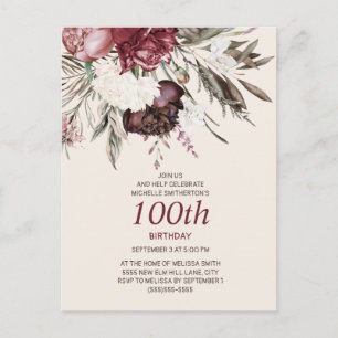 100th Birthday Burgundy Ivory Floral Cream Postcard