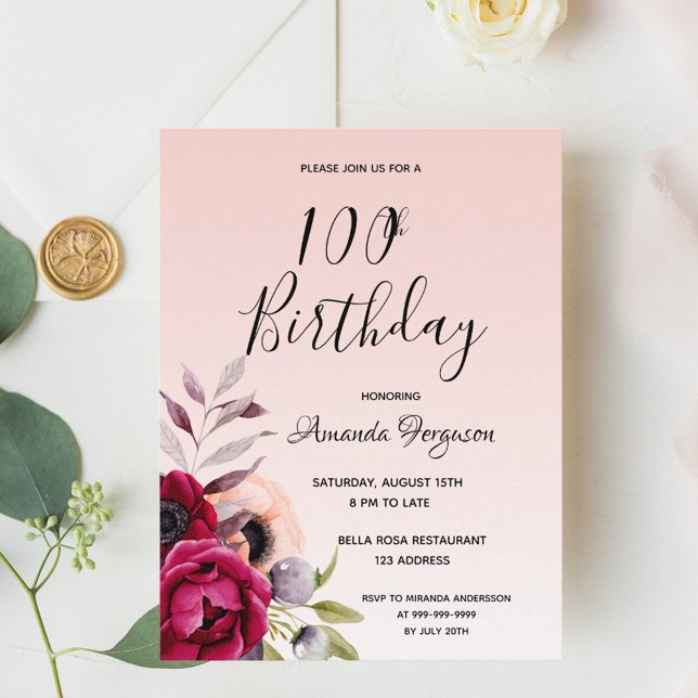 100th birthday burgundy rose gold invitation postcard (Creator Uploaded)