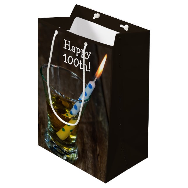 100th Birthday Candle in Whiskey Glass   Medium Gift Bag (Front Angled)