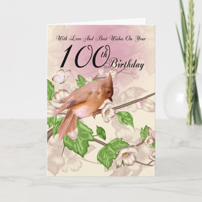 100th Birthday Card With Bird And Blossom (Front)