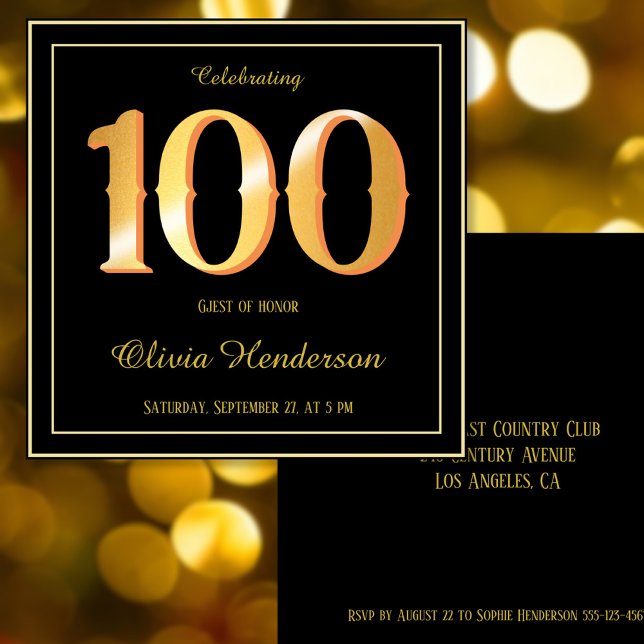 100th Birthday Celebrating Gold Front Back Classic Invitation (Creator Uploaded)