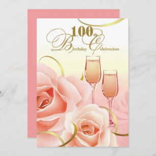 100th Birthday Celebration. Pink Peach Roses Invitation