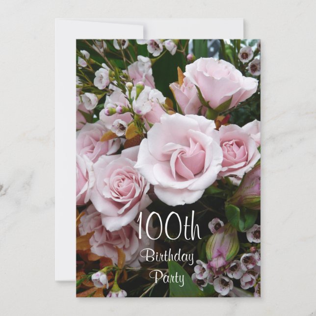 100th Birthday Celebration-Pink Roses Invitation (Front)