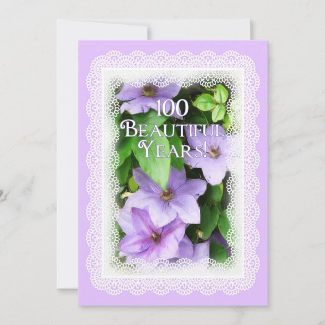 100th Birthday Celebration-Purple Clematis/Lace Invitation (Front)