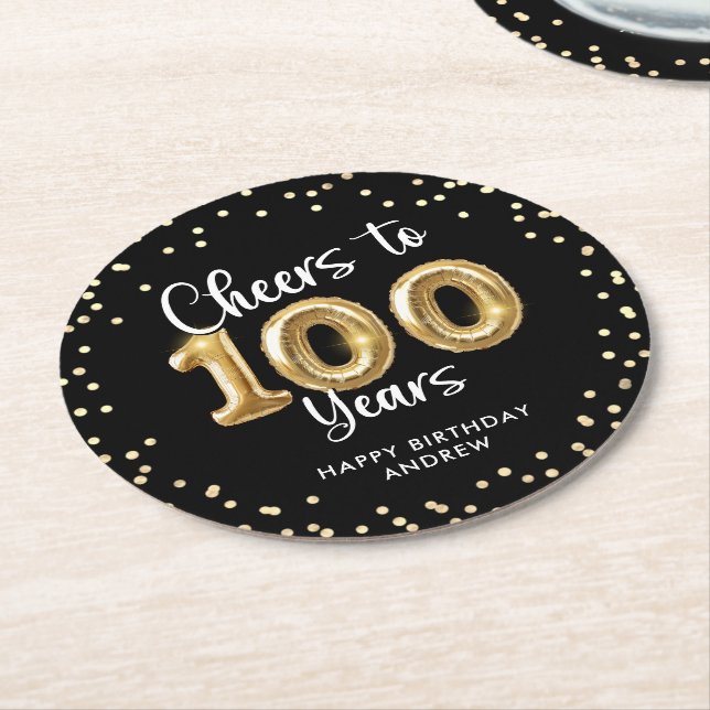 100th Birthday Cheers to 100 Years Black Gold Round Paper Coaster (Angled)