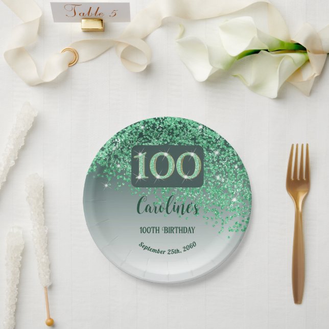 100th Birthday Chic Falling Green Glitter Paper Plate (Wedding)