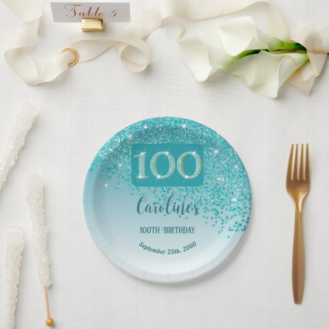 100th Birthday Chic Falling Teal Blue Glitter Paper Plate (Wedding)
