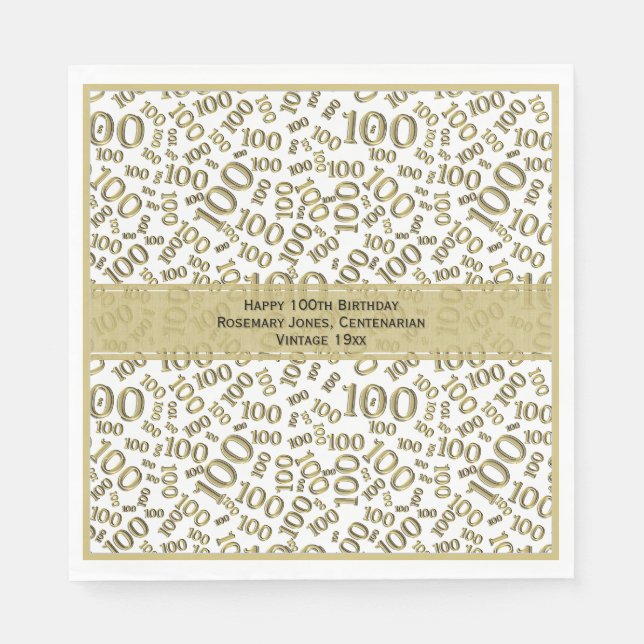 100th Birthday Cool Number Pattern Gold/White Napkin (Front)
