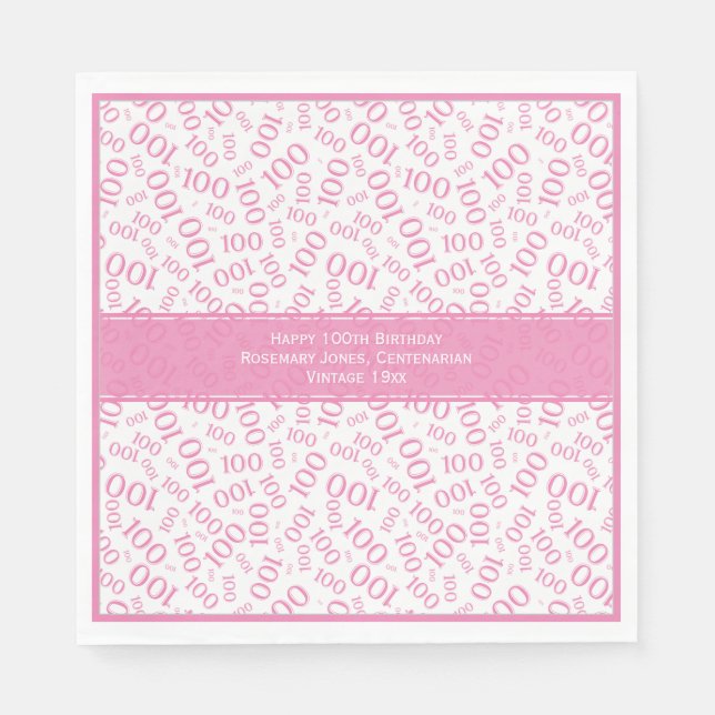 100th Birthday Cool Number Pattern Pink/White Napkin (Front)