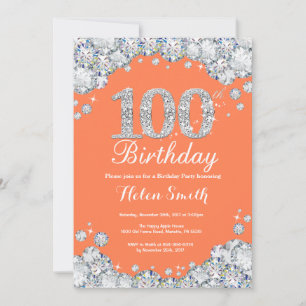 100th Birthday Coral Silver Diamond Invitation