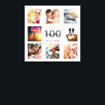 100th birthday custom photo collage white monogram canvas print<br><div class="desc">A unique 100th birthday gift or keepsake, celebrating her life with a collage of 8 of your photos. Add images of her family, friends, pets, hobbies or dream travel destination. Personalise and add a name, age 100 and a date. Grey and black coloured letters. A chic white background. This canvas...</div>