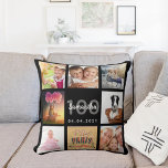 100th birthday custom photo collage woman black cushion<br><div class="desc">A unique gift for a womans 100th birthday, celebrating her life with a collage of 8 of your own photos, pictures. Personalise and add her name, age 100 and a date. A chic black background. Grey and white letters and numbers. The name is written with a modern hand lettered style...</div>
