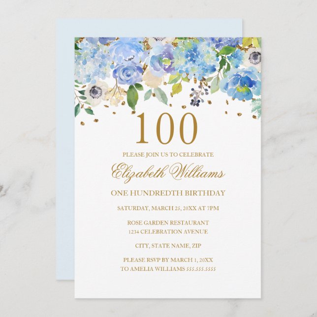 100th Birthday Elegant Blue Gold Floral Invitation (Front/Back)