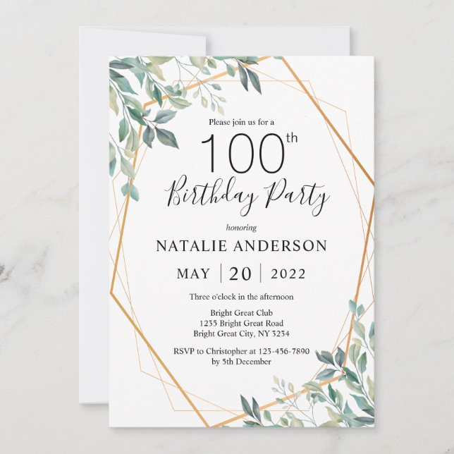 100th Birthday Elegant Eucalyptus Greenery & Gold Invitation (Front)