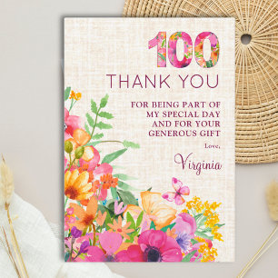 100th Birthday Elegant Floral Feminine Thank You Card