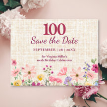 100th Birthday Elegant Floral Linen Save the Date