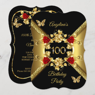 100th Birthday Elegant Gold Red Roses Black Invitation