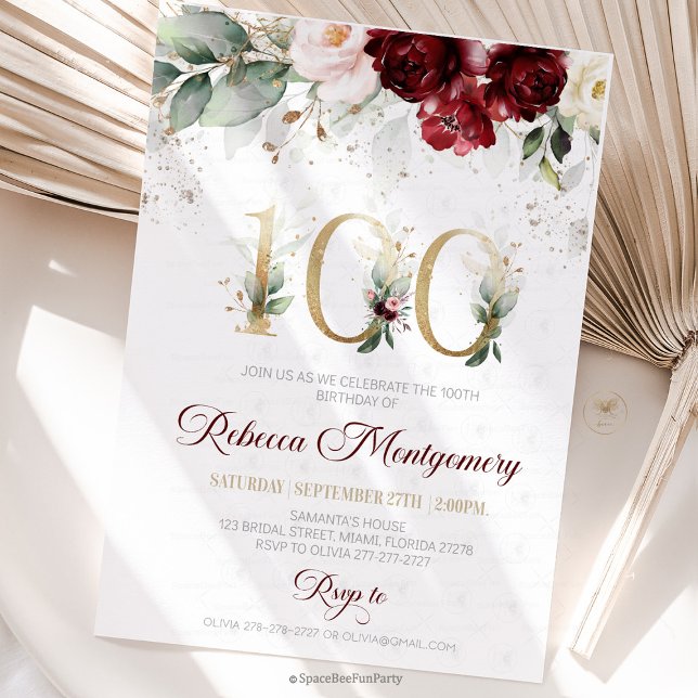 100th birthday Elegant Milestone invitation (100th birthday invitation, editable sage green invitation, elegant floral design, eighty year old br)