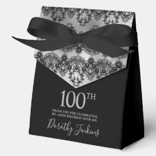 100th Birthday Elegant Silver Black Lace Thank You Favour Box