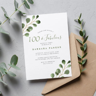 100th birthday eucalyptus simple elegant party invitation
