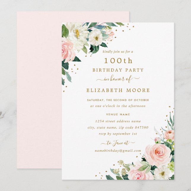 100th Birthday Floral Blush Gold Invitation (Front/Back)