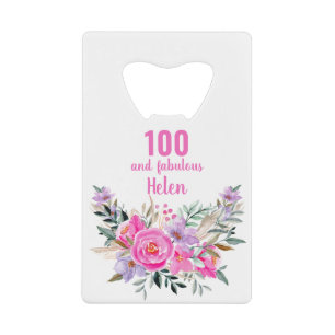 100th birthday floral credit card bottle opener