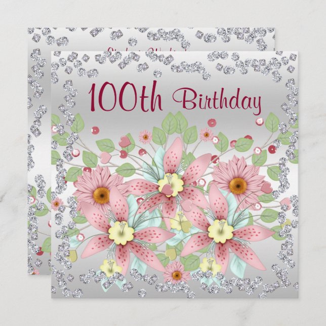 100th Birthday Floral Display & Diamonds Invitation (Front/Back)