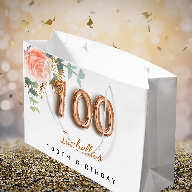 100th birthday floral rose gold eucalyptus name large gift bag (Creator Uploaded)
