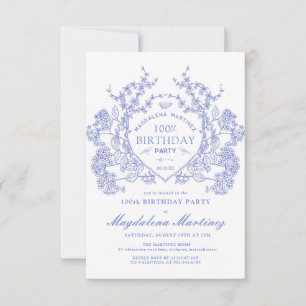 100th Birthday French Vintage Blue Floral Crest Invitation