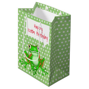 100th Birthday Frog on Polka Dots  Medium Gift Bag