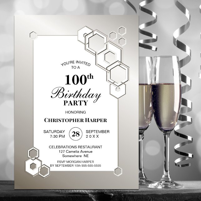 100th Birthday Geometric Silver Party Invitation (Creator Uploaded)