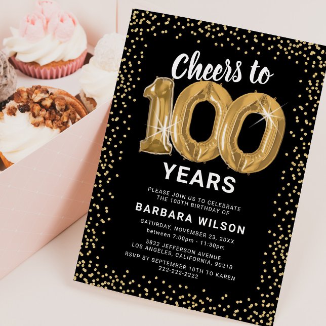 100th Birthday Gold Balloons Invitation (Creator Uploaded)