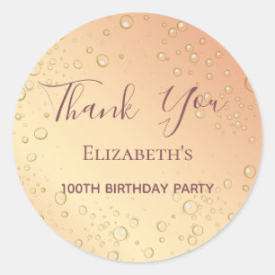 100th birthday gold bubbles thank you classic round sticker