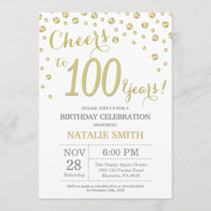 100th Birthday Gold Glitter Diamond Invitation