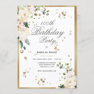 100th Birthday Gold Watercolor Floral Invitation