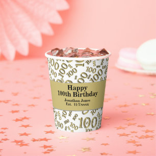 100th Birthday Gold/White Random Number Pattern   Paper Cups